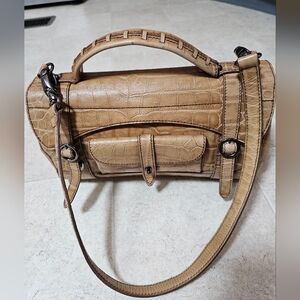 VIA SPIGA Brown Ostrich Print Leather Convertible Handbag Rare Italian Vtg Clean